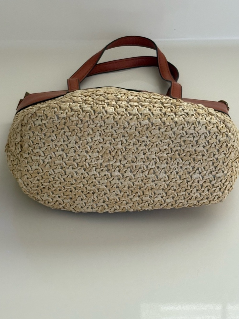 Faux Leather & Woven Straw Small HandBag Brown & Cream, zipper closure No strap - Picture 8 of 10